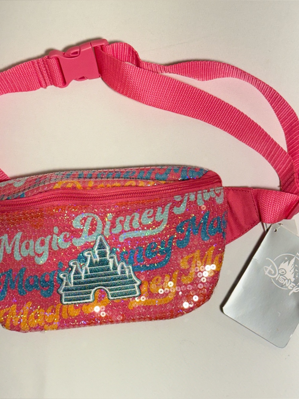 Disney Parks Sequin Pink Belt Bag with Embroidered Castle Patch.